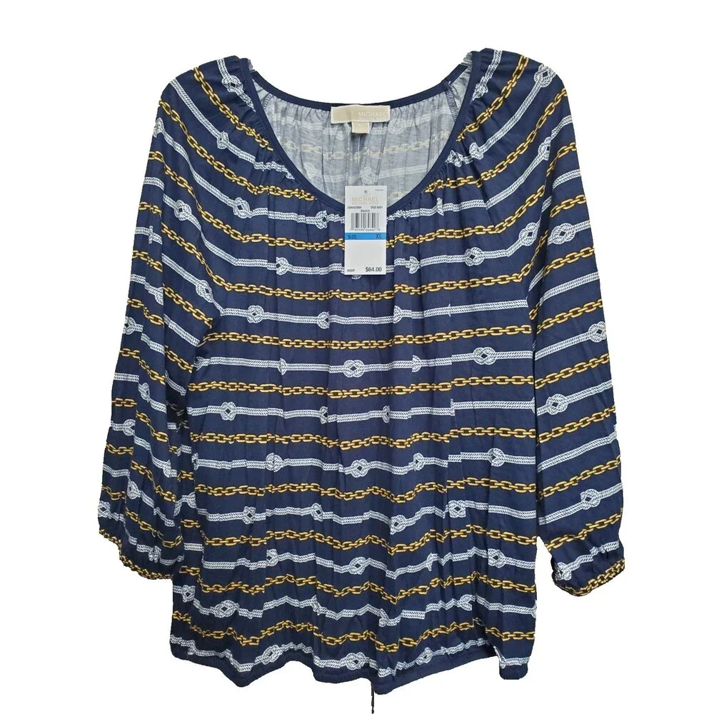 Michael Kors Cotton Blend Rope Chain Print Knit Scoop Neck Blouse Size XL NWT